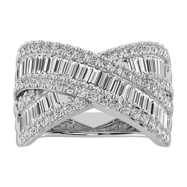 14K White Gold 1 1/2 Ct.Tw. Diamond Round and Baguette Crossover Ring Robert Irwin Jewelers Memphis, TN
