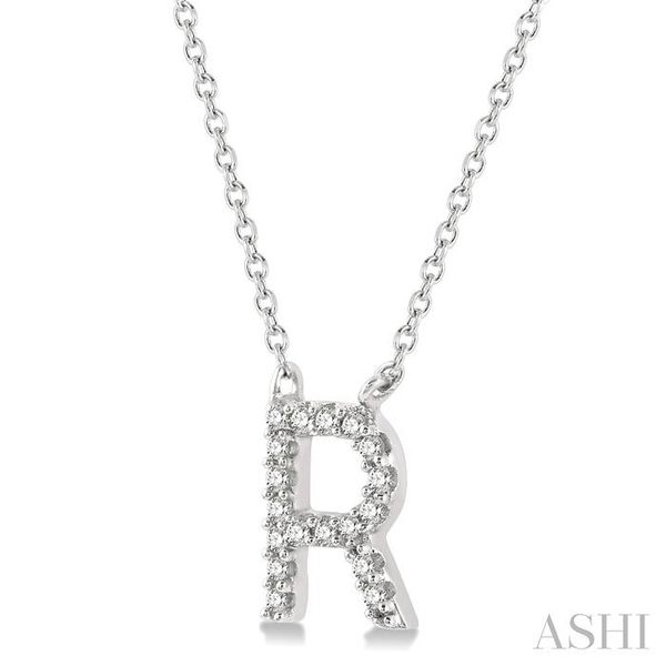 1/20 ctw Initial 'R' Round Cut Diamond Pendant With Chain in 14K White Gold Image 2 Robert Irwin Jewelers Memphis, TN