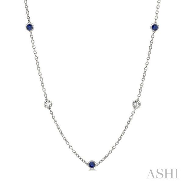 1/2 ctw Round Cut Diamond and 2.85MM Sapphire Precious Station Necklace in 14K White Gold Robert Irwin Jewelers Memphis, TN