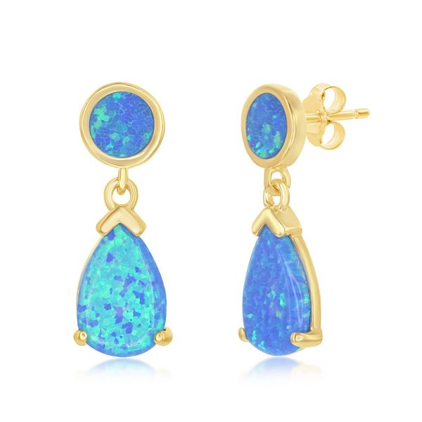 Sterling Silver Blue Inlay Opal Round and Teardrop Dangling Earrings - Gold Plated Robert Irwin Jewelers Memphis, TN