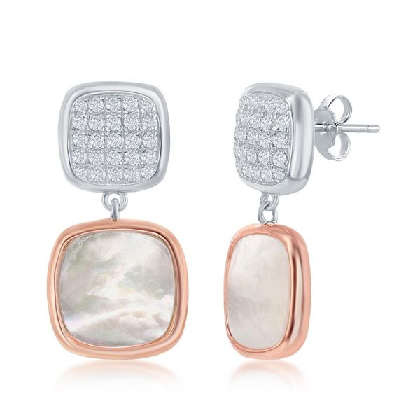 Sterling Silver Micro Pave and Mother of Pearl Square Earrings - Rose Gold Plated Robert Irwin Jewelers Memphis, TN