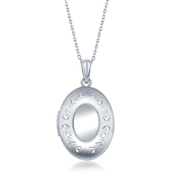 Sterling Silver Small Oval with Matte and Diamond Cut Border Locket With chain Robert Irwin Jewelers Memphis, TN