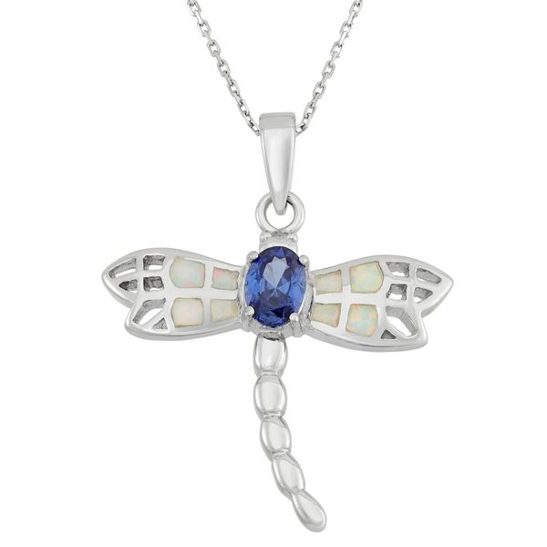 Sterling Silver White Inlay Opal Dragonfly With Center Oval Blue CZ Pendant Robert Irwin Jewelers Memphis, TN