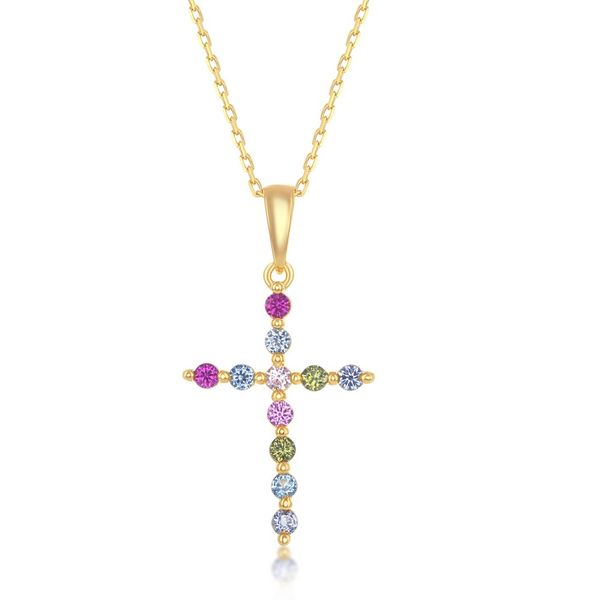 Sterling Silver Rainbow CZ Cross Pendant - Gold Plated Robert Irwin Jewelers Memphis, TN