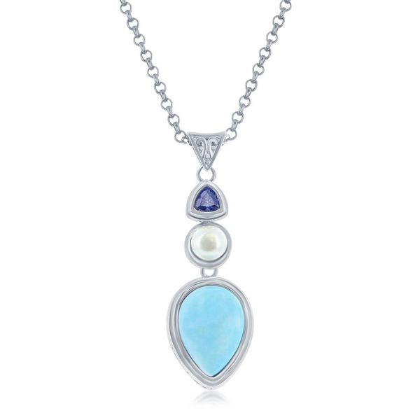 Sterling Silver Pearshaped Larimar with FWP and Tanzanite CZ Pendant Robert Irwin Jewelers Memphis, TN