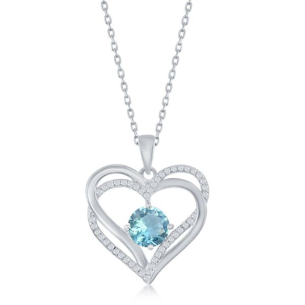Sterling Silver Double Heart March Birthstone CZ Pendant With Chain - Aqua CZ Robert Irwin Jewelers Memphis, TN