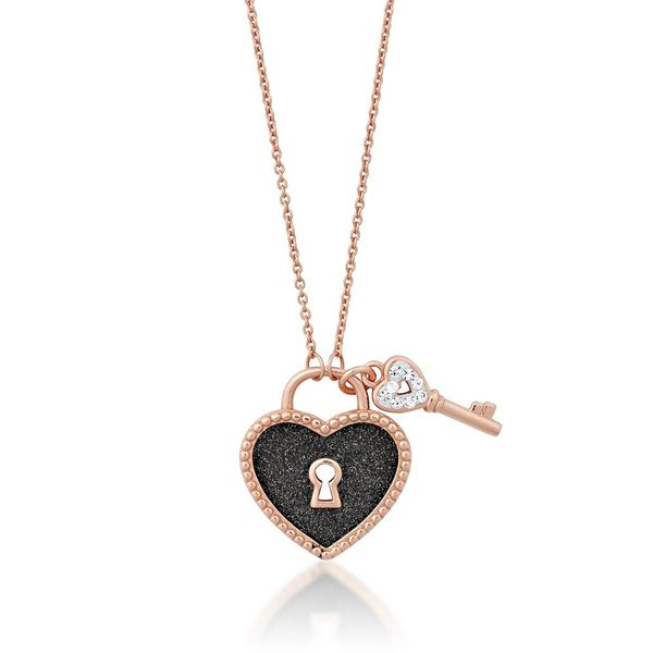 Sterling Silver Rose GP with Black Sparkle Heart Lock & Crystal Key Necklace Robert Irwin Jewelers Memphis, TN