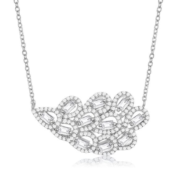 Sterling Silver Feather Shaped CZ with Baguettes Necklace Robert Irwin Jewelers Memphis, TN