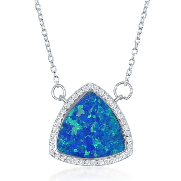 Sterling Silver Blue Inlay Opal Triangle with CZ Border Necklace Robert Irwin Jewelers Memphis, TN