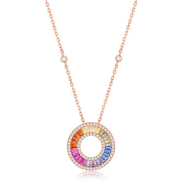 Sterling Silver Rainbow Baguette CZ Open Circle Necklace - Rose Gold Plated Robert Irwin Jewelers Memphis, TN