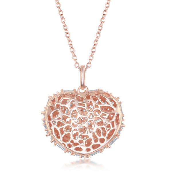 Sterling Silver Rose Gold White Baguette CZ Puffed Heart Necklace Image 2 Robert Irwin Jewelers Memphis, TN