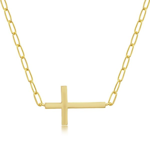 Sterling Silver CZ Sideways Cross Paperclip Necklace - Gold Plated Image 2 Robert Irwin Jewelers Memphis, TN
