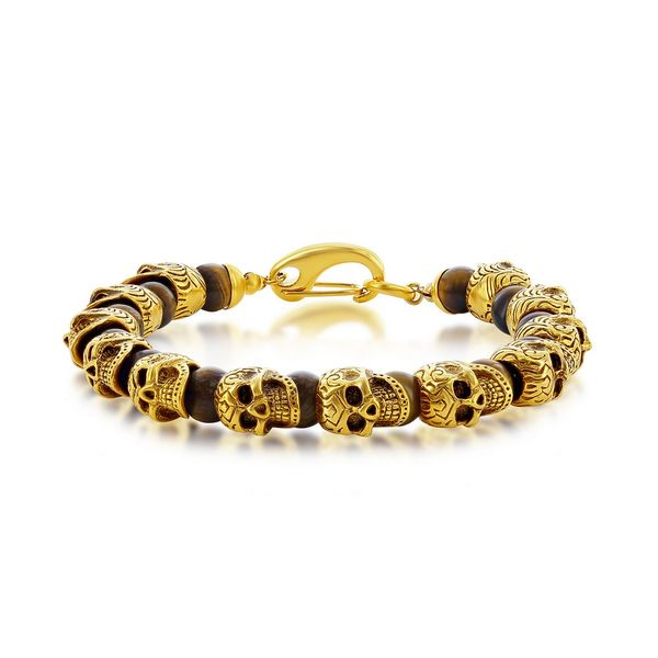 Stainless Steel Genuine Tiger Eye Beads Skull Bracelet - Gold Plated Robert Irwin Jewelers Memphis, TN