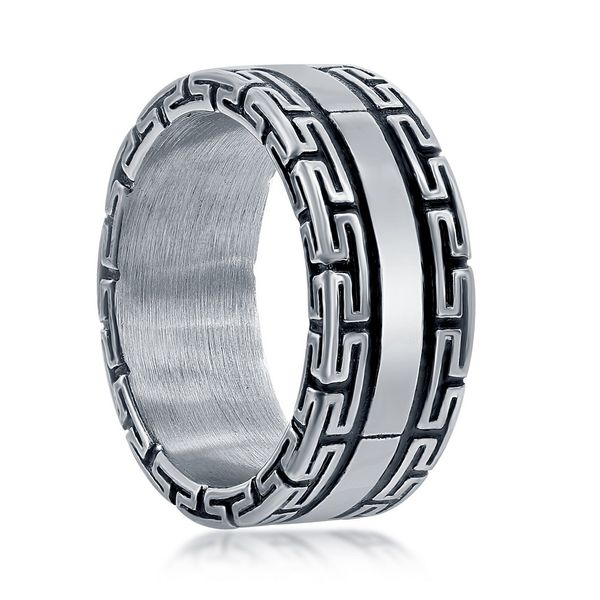 Stainless Steel Oxidized Greek Key Ring Image 2 Robert Irwin Jewelers Memphis, TN