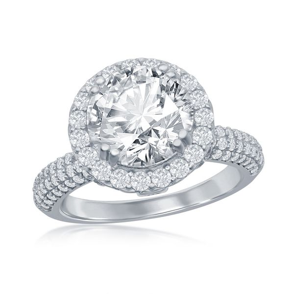 Sterling Silver Crown Set Round CZ with Halo Micro Pave CZ Band Engagement Ring Robert Irwin Jewelers Memphis, TN