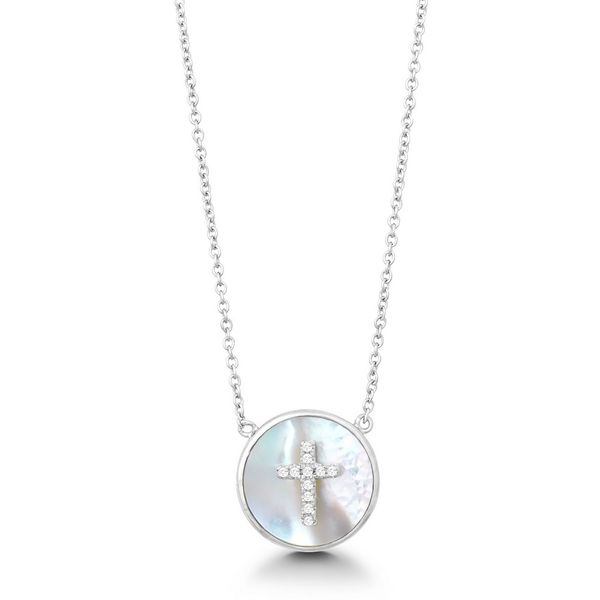 Sterling Silver Round MOP with Center CZ Cross Necklace Robert Irwin Jewelers Memphis, TN