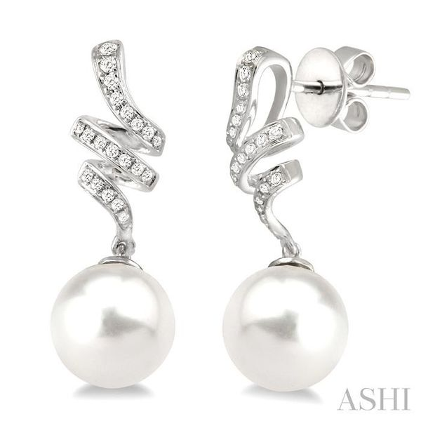 9x9MM Cultured White Pearl and 1/5 Ctw Round Cut Diamond Earrings in 14K White Gold Ross Elliott Jewelers Terre Haute, IN