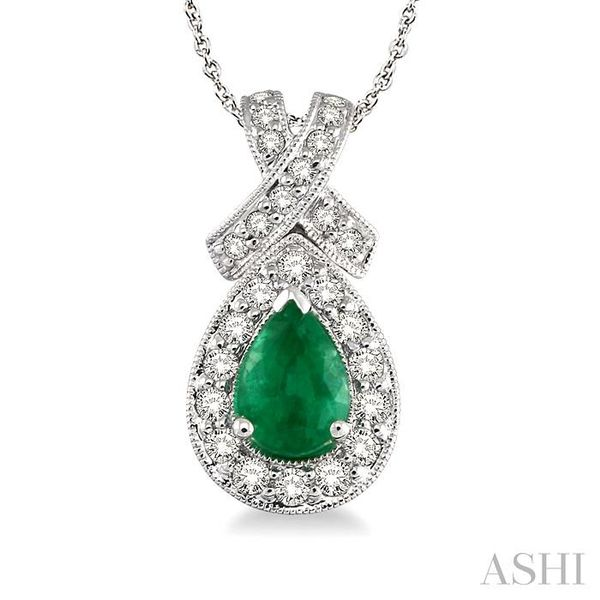 7x5mm Pear Shape Emerald and 1/2 Ctw Round Diamond Pendant in 14K White Gold with chain Ross Elliott Jewelers Terre Haute, IN