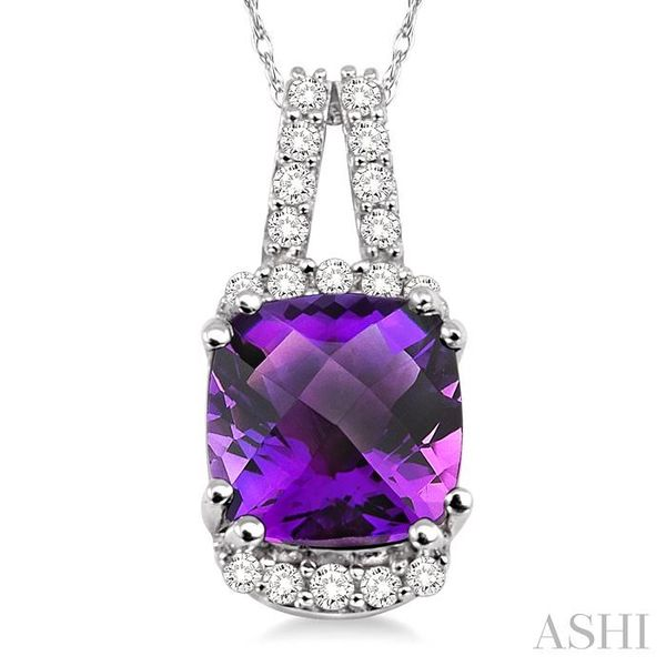 8x8mm Cushion Cut Amethyst and 1/5 Ctw Round Cut Diamond Pendant in 14K White Gold with Chain Image 3 Ross Elliott Jewelers Terre Haute, IN