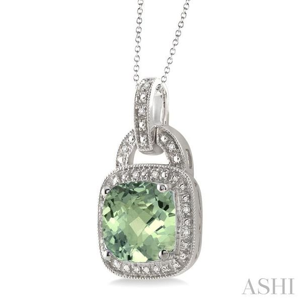 10x10mm Cushion Cut Green Amethyst and 1/20 Ctw Single Cut Diamond Pendant in Sterling Silver with Chain Image 2 Ross Elliott Jewelers Terre Haute, IN