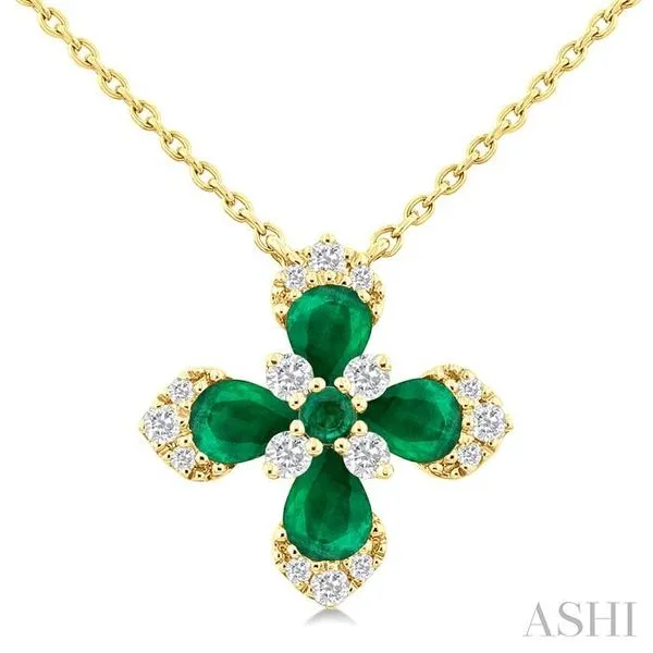 14k Yellow Gold Flower factory Pendant with Natural Emerald 2mm