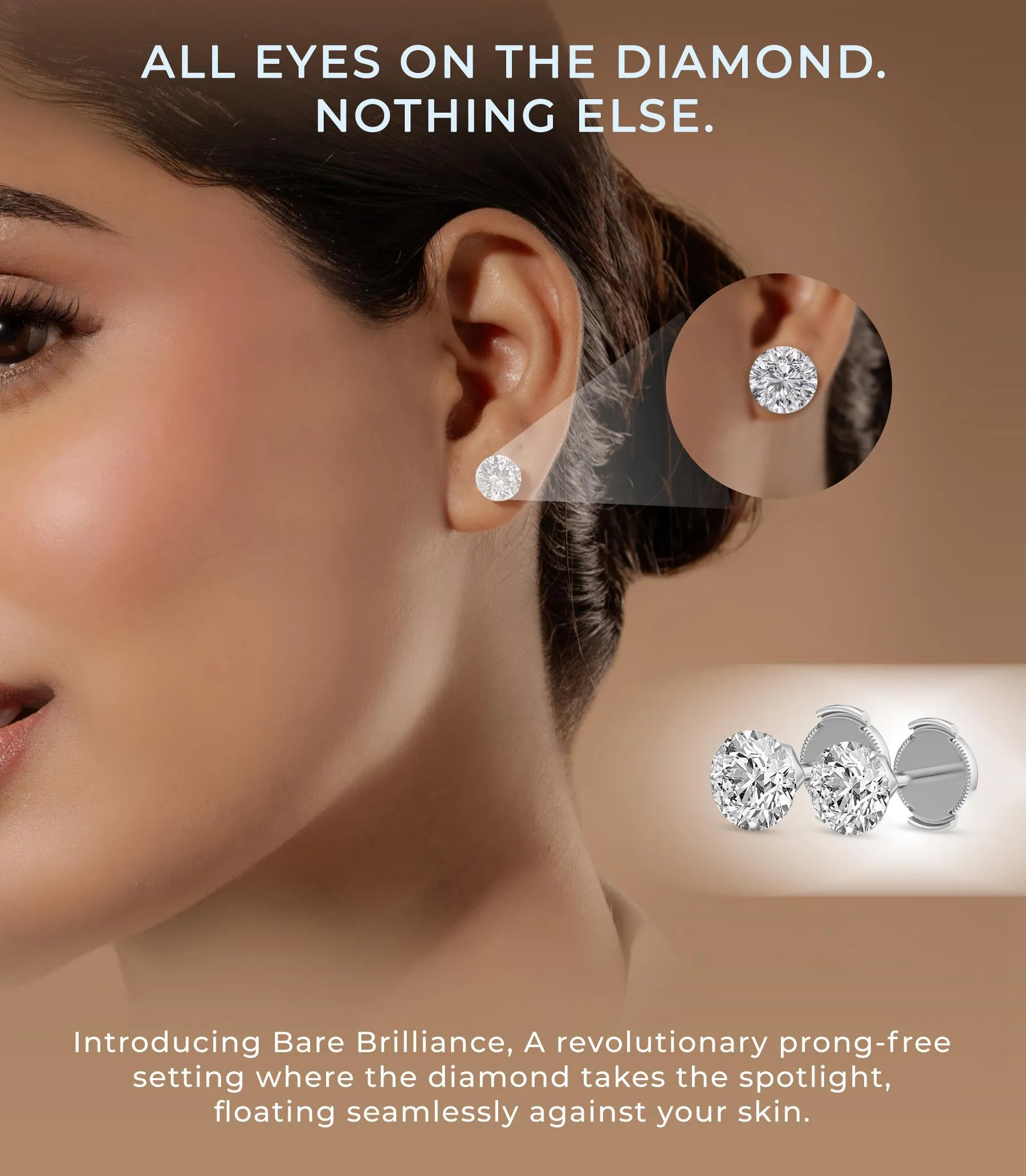 Close-up of a woman wearing diamond stud earrings, showcasing the Bare Brilliance design. Click to learn more about Arezzo Jewel