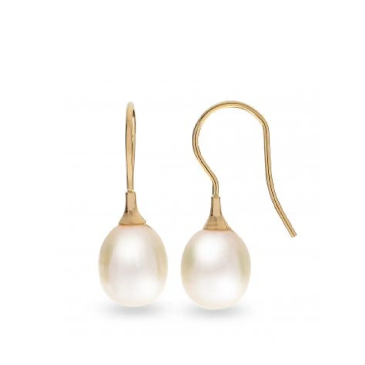 Pair of white pearl drop earrings with yellow gold hooks. Diamonds Direct.