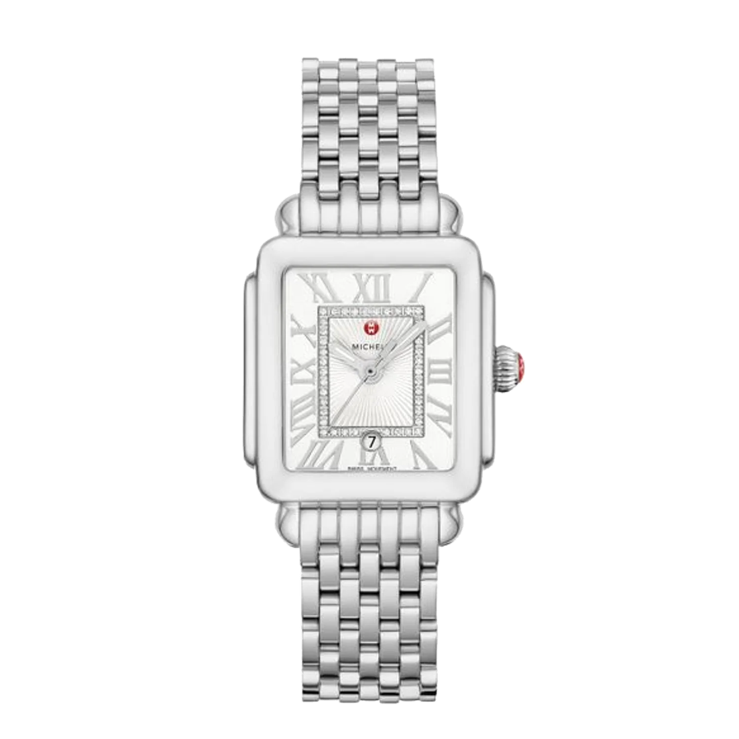 MICHELE silver-tone rectangular watch with Roman numeral dial and stainless steel bracelet Diamonds Direct St. Petersburg, FL