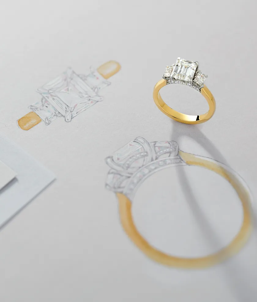 Custom jewelry design featuring a diamond engagement ring next to its sketch. 
