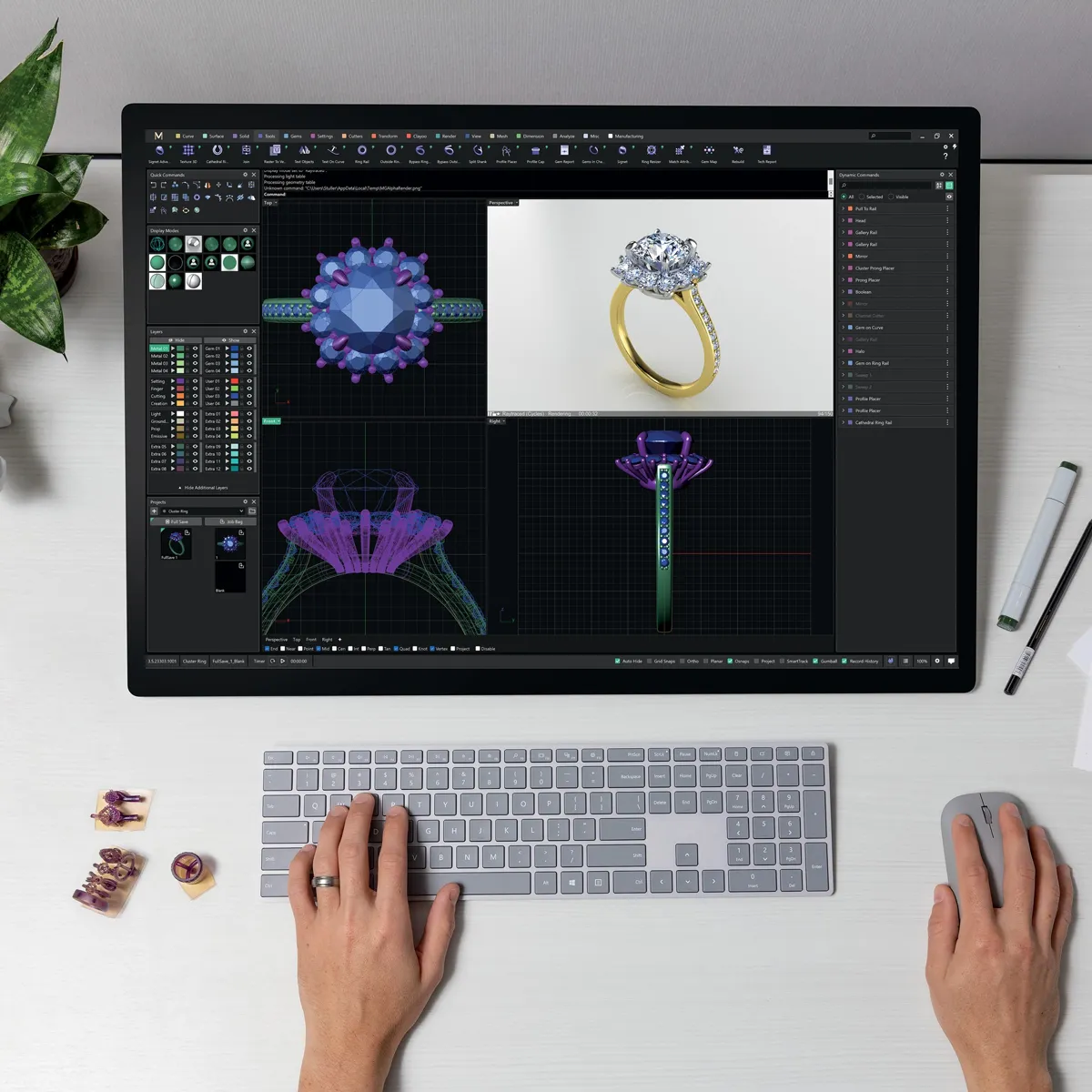 A designer creating custom jewelry on a computer, showcasing ring designs in CAD software.