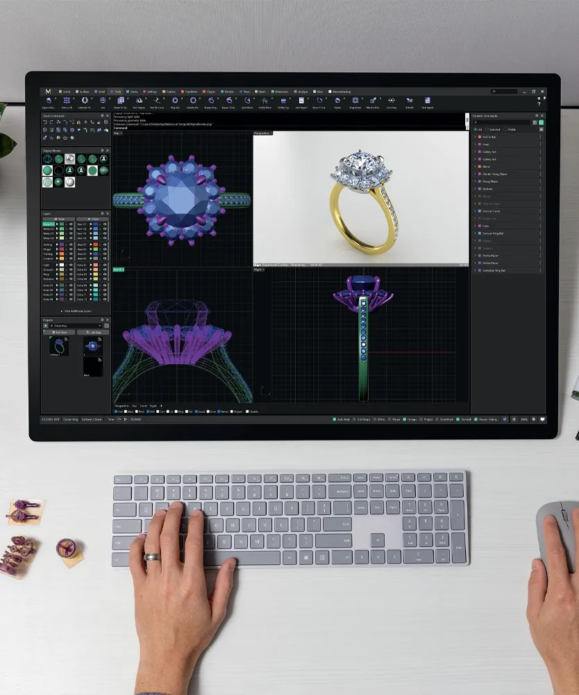 A designer creating a 3D jewelry model on a computer, showcasing a ring with a large diamond and colorful accents.