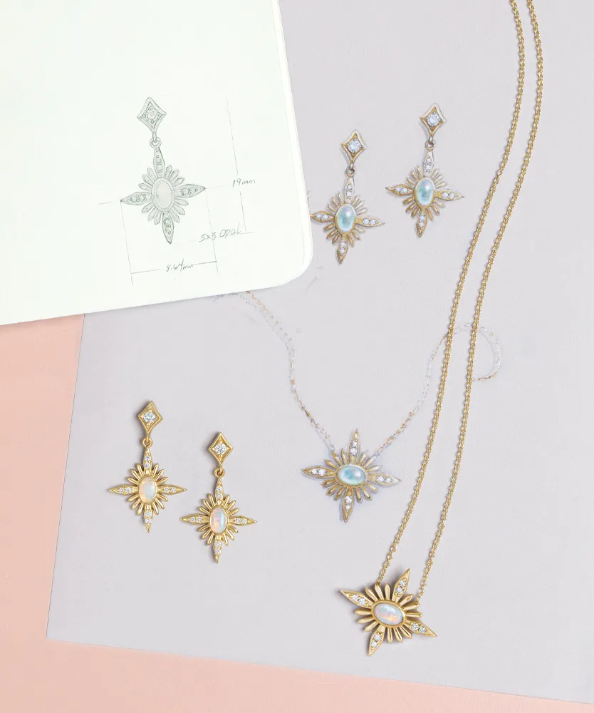 Jewelry design sketches and finished pieces including earrings and necklaces with opals and gold accents.