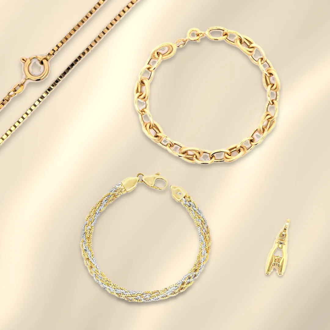 18K Italian gold box link chain, open link bracelet, two-tone braided bracelet and Italian hand charm on champagne silk