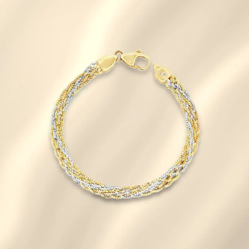 18K two-tone gold flat braided link bracelet, made in Italy, on champagne silk