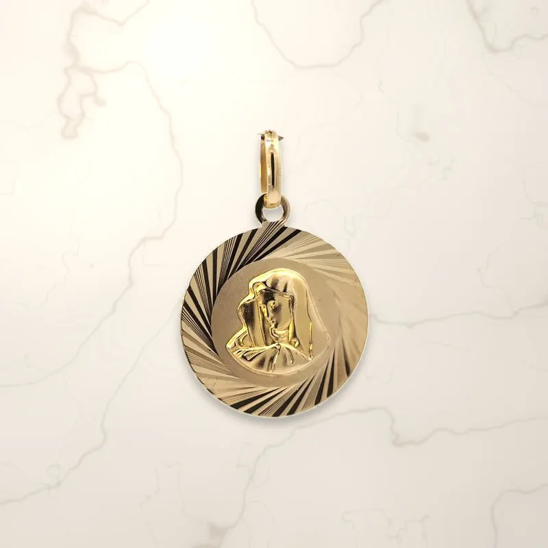 18K yellow gold solid Virgin Mary medal, one inch, made in Italy, on cream marble