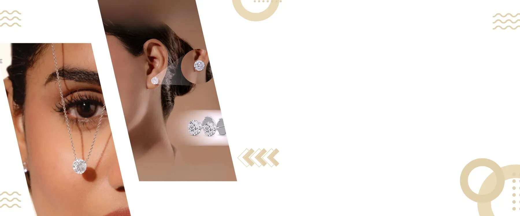 Elegant lab-grown diamond jewelry showcased on a model, featuring earrings and a necklace. Shop All Lab Grown Diamond Jewelry.