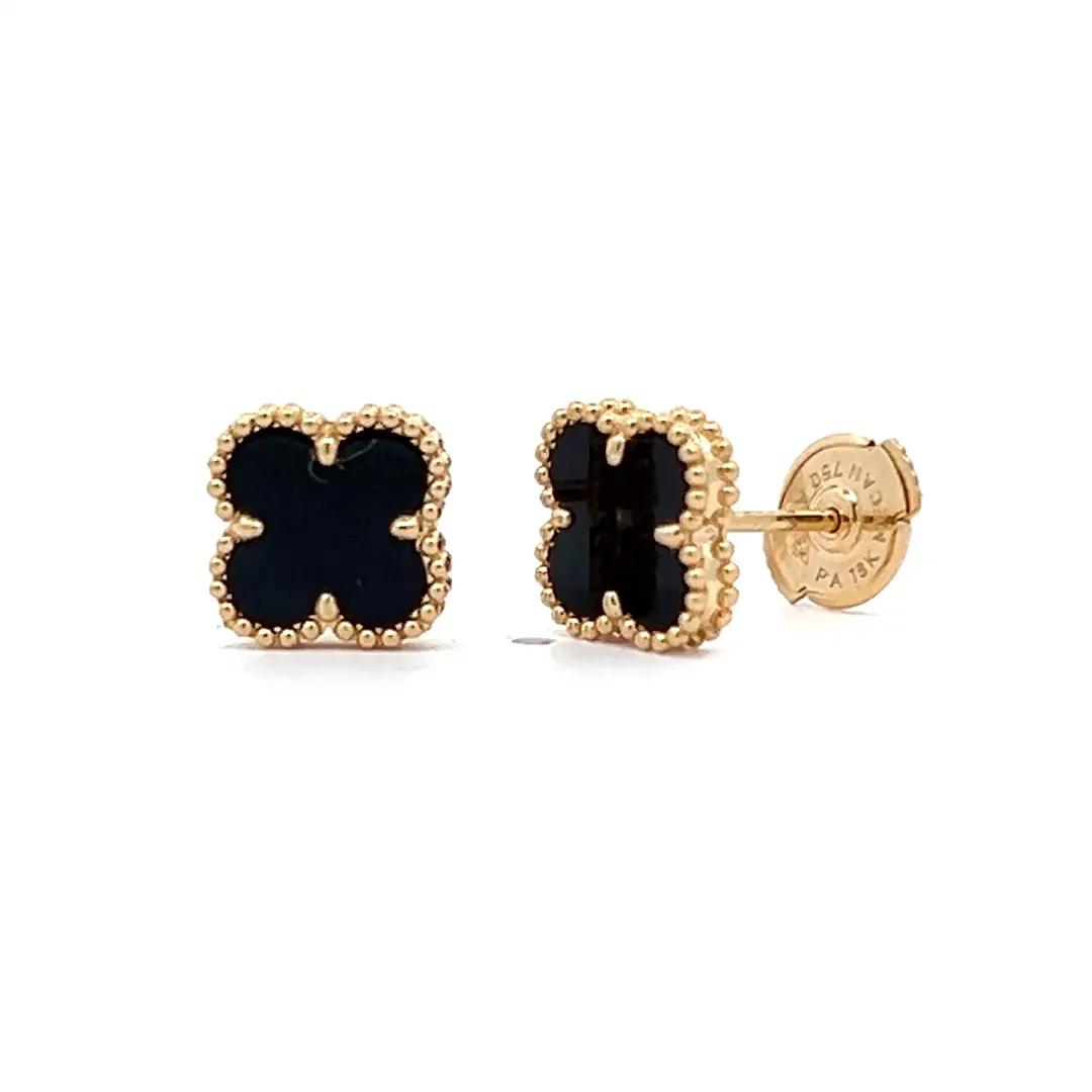 Gold and black stone stud earrings in a clover shape. Click to shop now at Arezzo Jewelers, Elmwood Park.