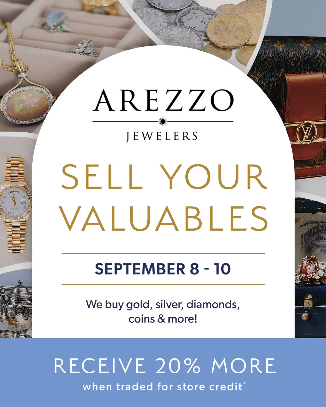Arezzo Jewelers promotional flyer for selling valuables, featuring jewelry and coins.