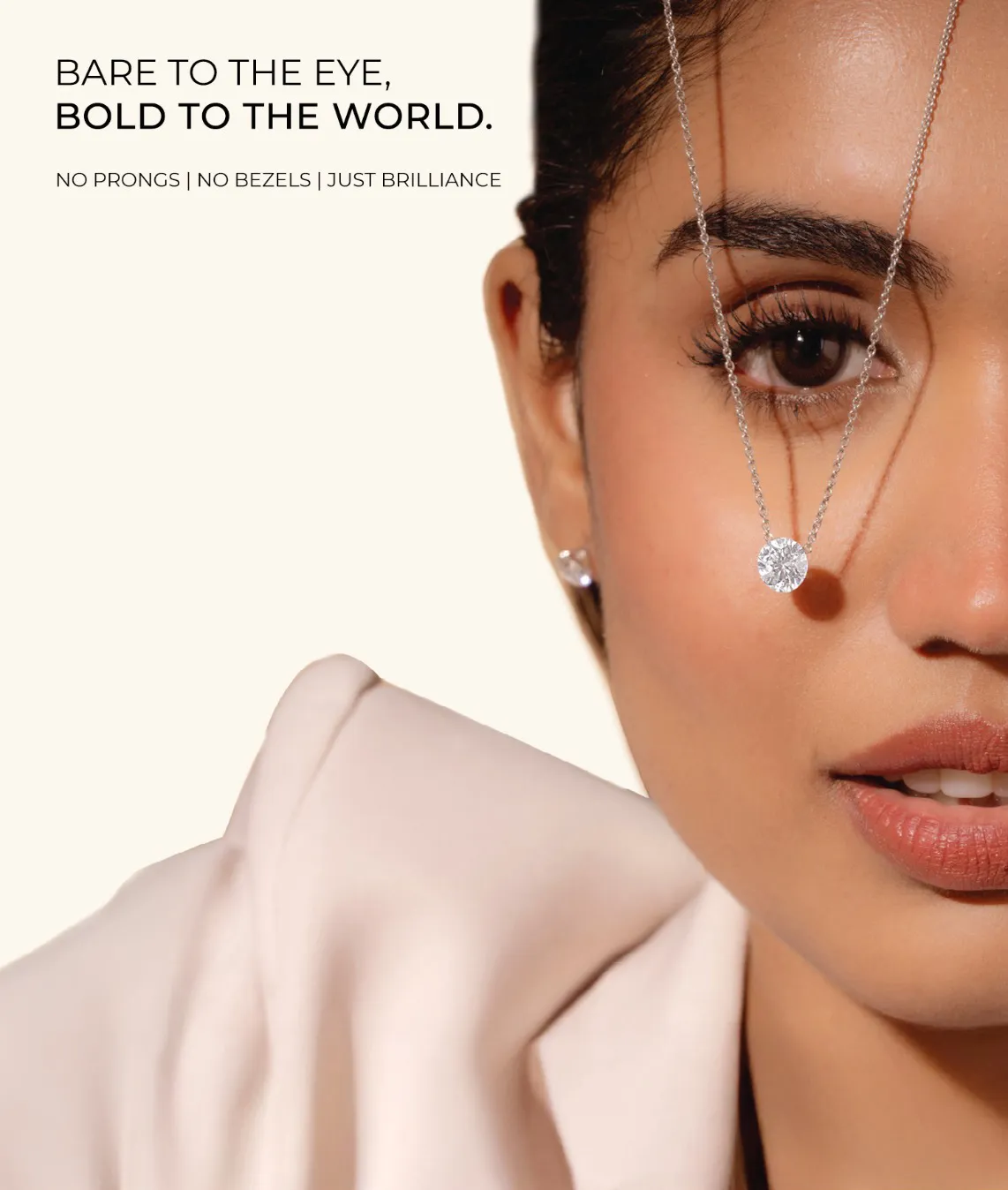 Model wearing a diamond necklace with the text 