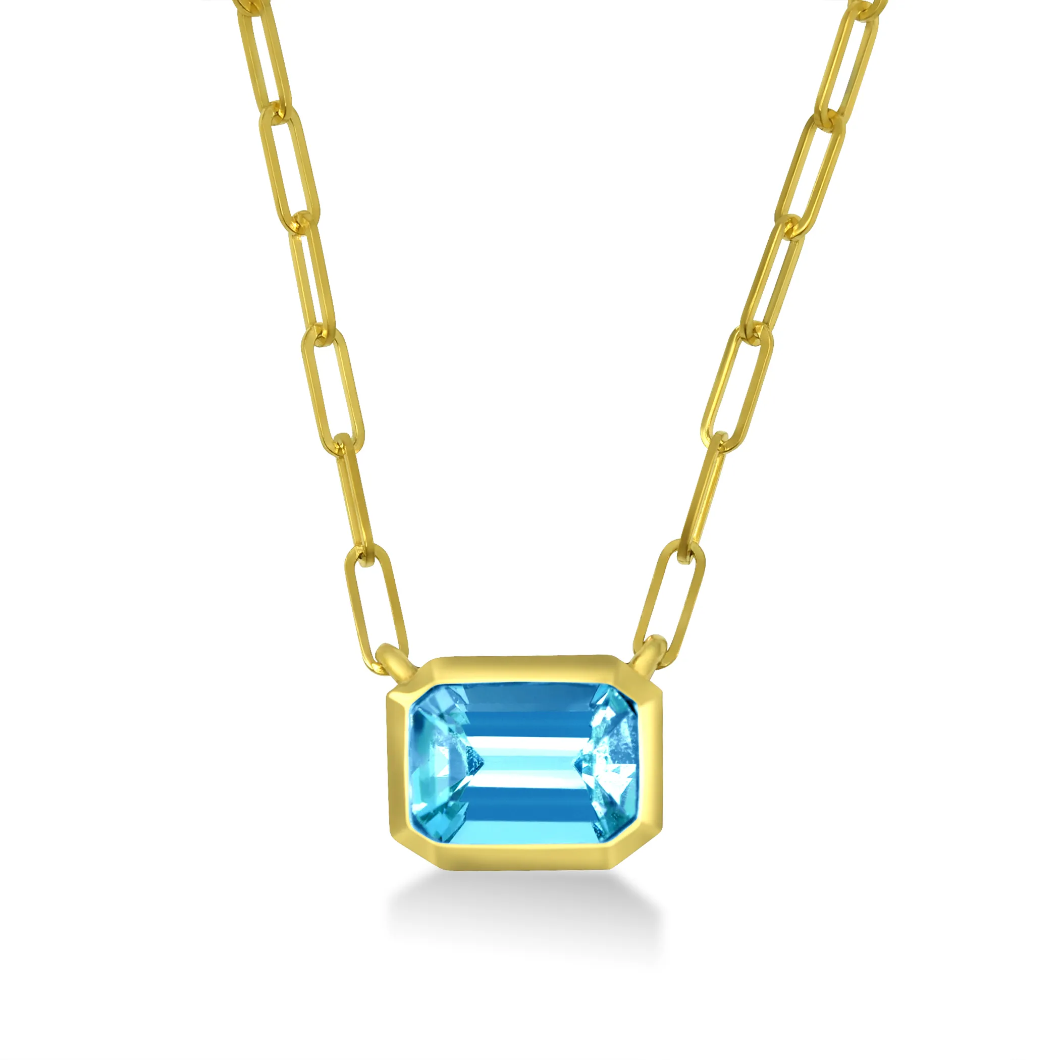 Gold chain necklace featuring a large blue topaz gemstone. Click to shop now at Arezzo Jewelers.