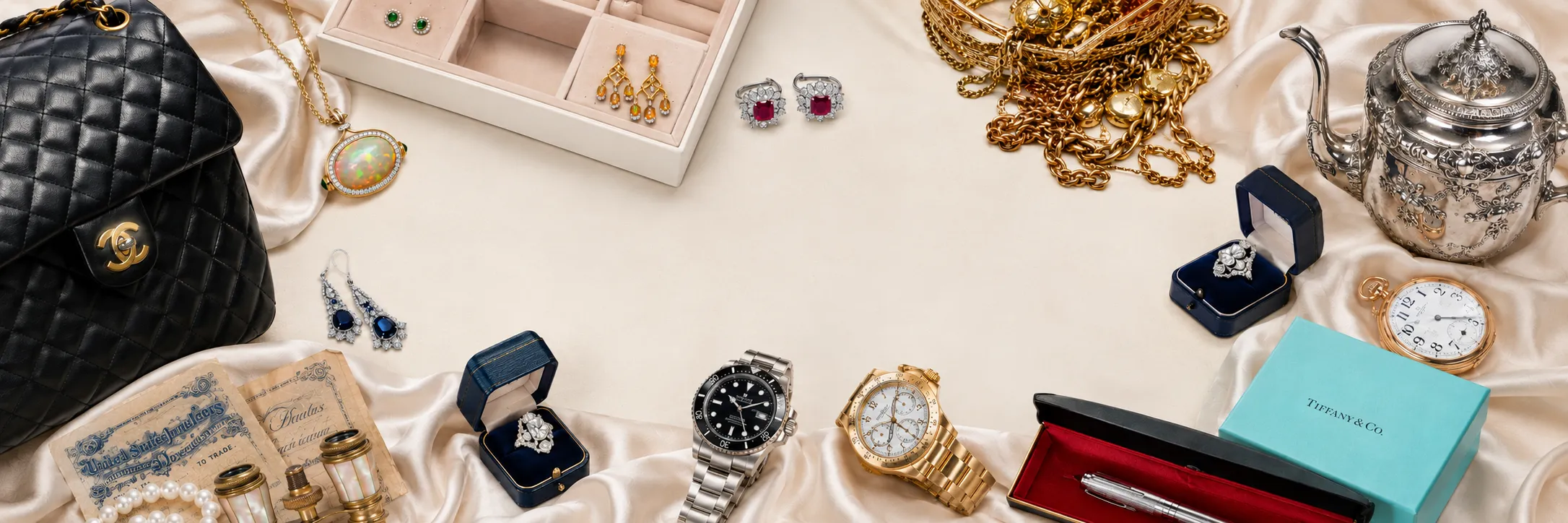 A collection of luxury items including jewelry, watches, a handbag, and a silver teapot on a satin background.