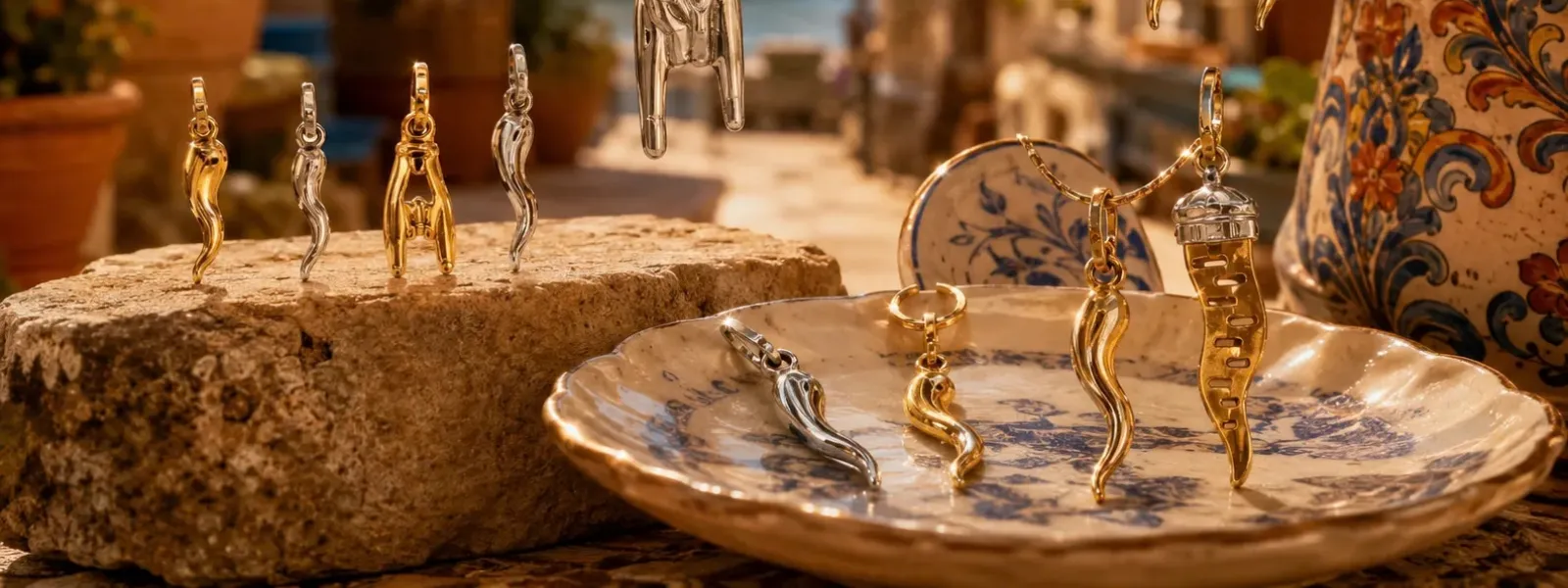 Gold and silver Italian horn jewelry charms displayed on stone and ceramic plates outdoors in an Italian village.