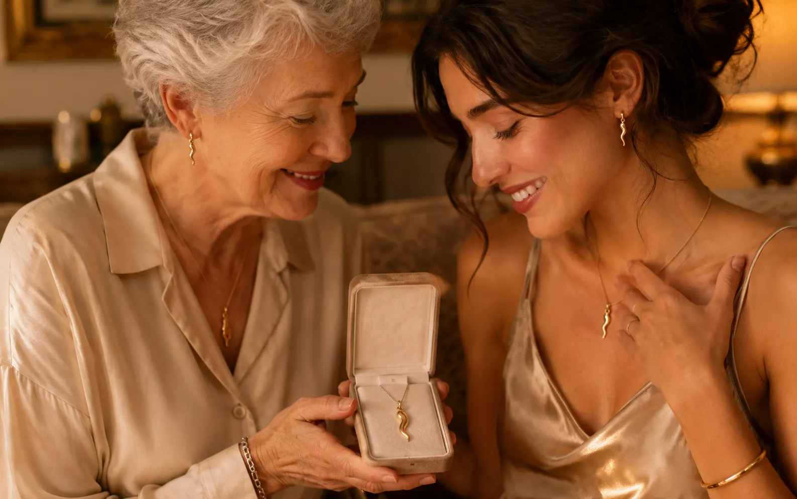 Gold Italian horn necklace given as a meaningful family gift