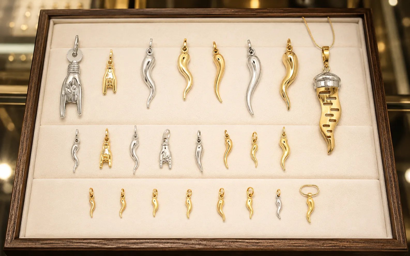 Large selection of Italian-made 14K and 18K gold Italian horn pendants at Arezzo Jewelers