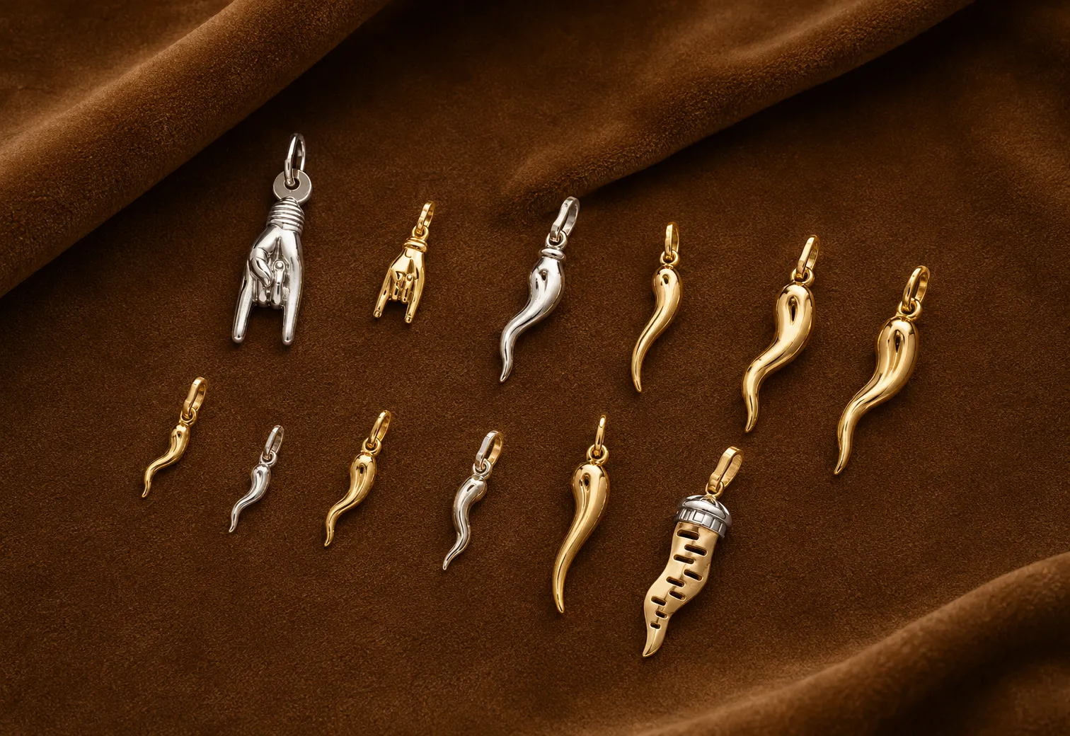 Collection of 14K and 18K gold Italian horn charms made in Italy at Arezzo Jewelers
