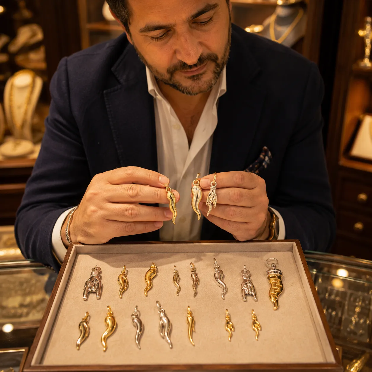 Vincent Spilotro of Arezzo Jewelers with Italian-made gold Italian horn pendants