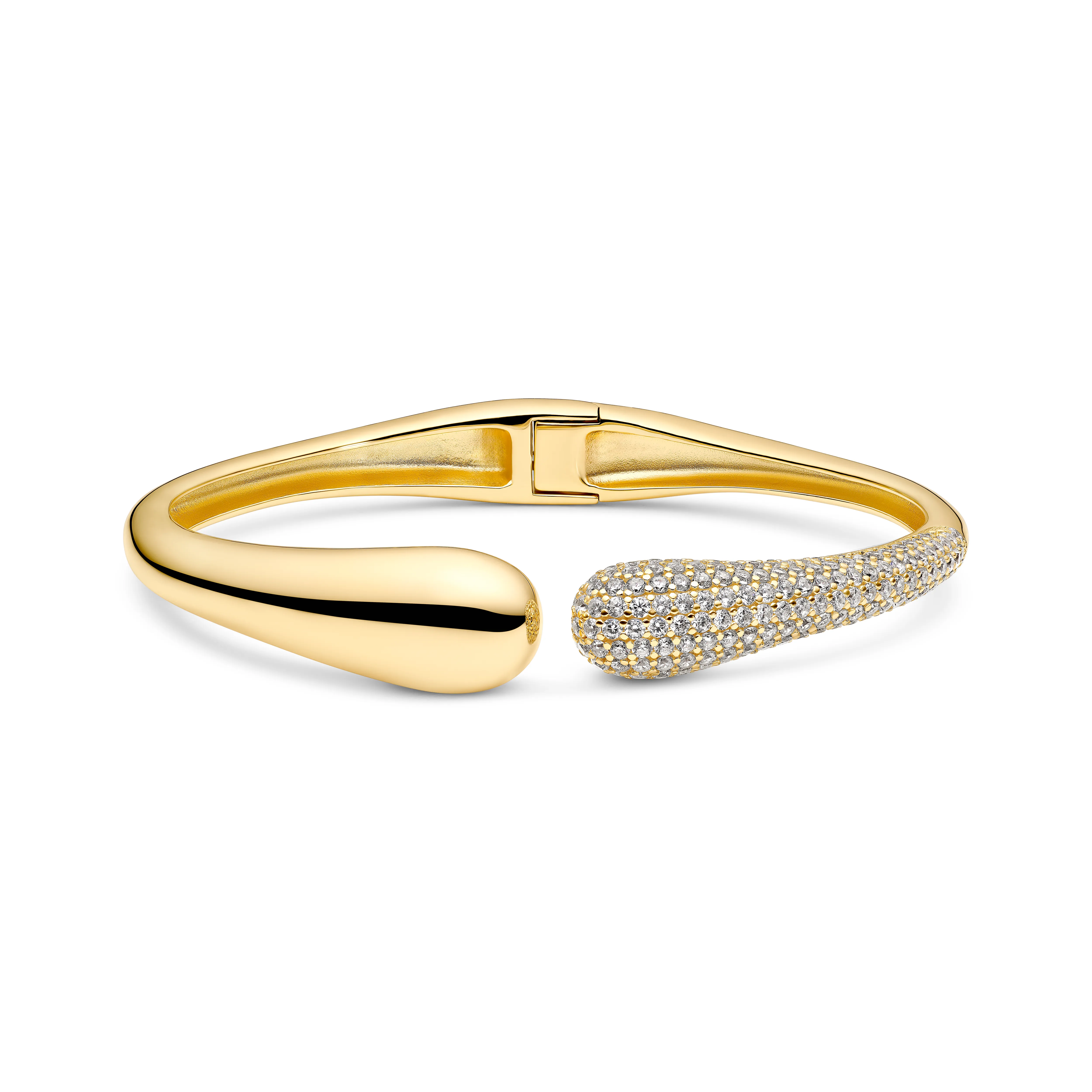 Gold bangle bracelet with a sparkling diamond-encrusted end. Click to shop at Arezzo Jewelers in Elmwood Park.