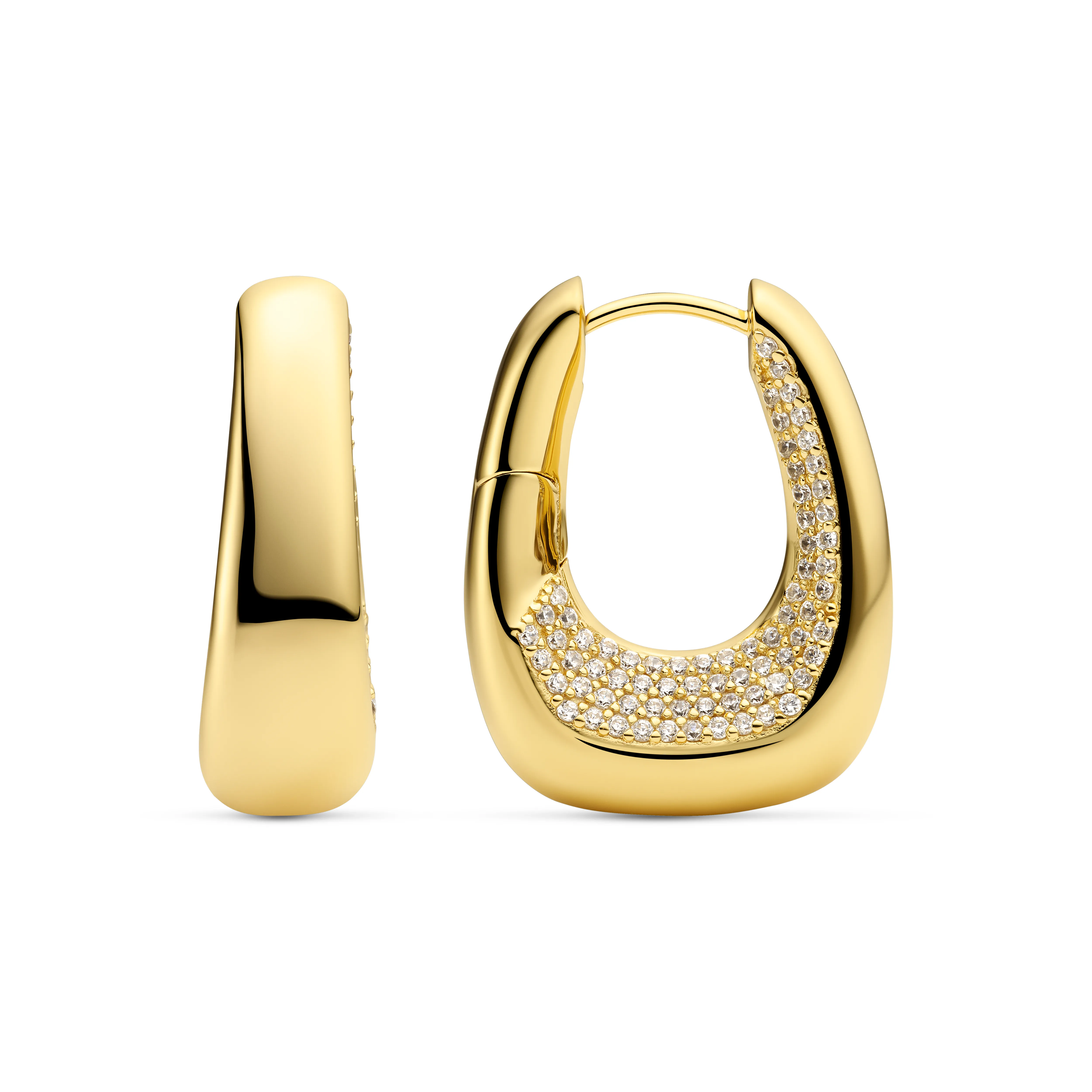 Gold hoop earrings with sparkling stones, perfect for adding elegance. Click to shop now at Arezzo Jewelers.