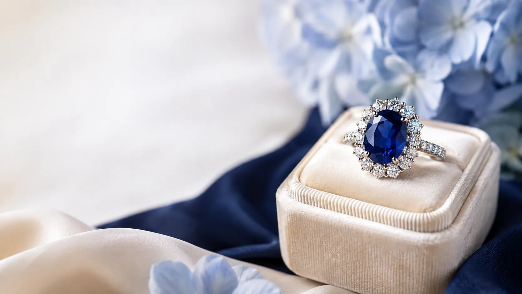 Oval blue sapphire and diamond halo ring displayed in an elegant jewelry box for September birthstone jewelry