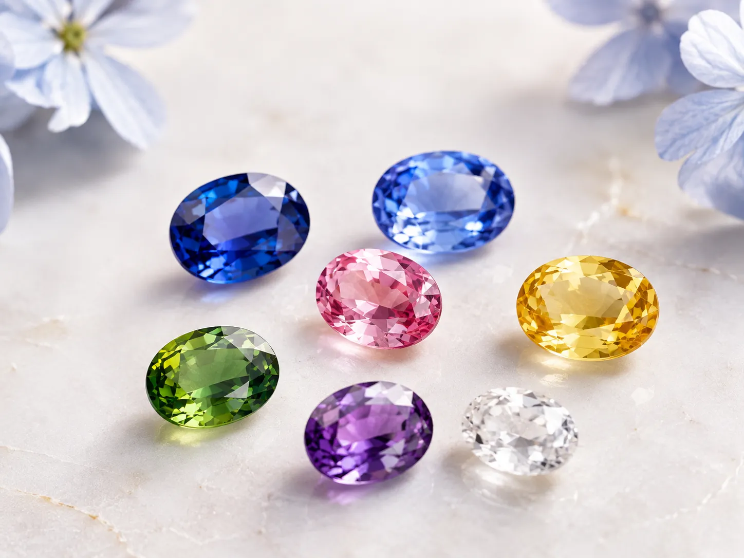 Loose fancy sapphires in blue, pink, yellow, green, purple and colorless varieties